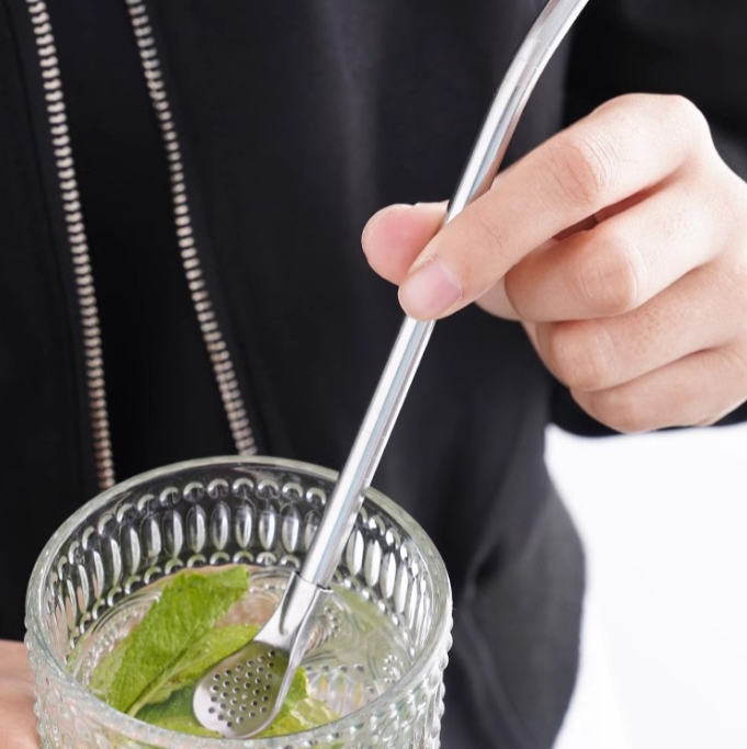 Ống hút tích hợp thìa khuấy ăn trái cây uống nước ép hoa quả có thể tháo rời đầu thìa A1212