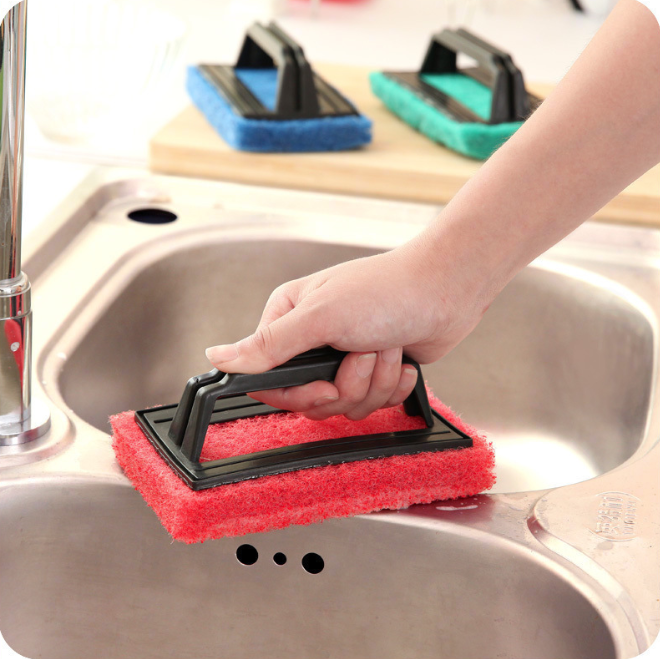 Bàn chải bọt biển vệ sinh bồn rửa nhà bếp có tay cầm, bàn chà cọ nồi lau chùi nhà bếp nhà tắm A3724