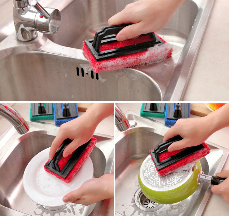 Bàn chải bọt biển vệ sinh bồn rửa nhà bếp có tay cầm, bàn chà cọ nồi lau chùi nhà bếp nhà tắm A3724