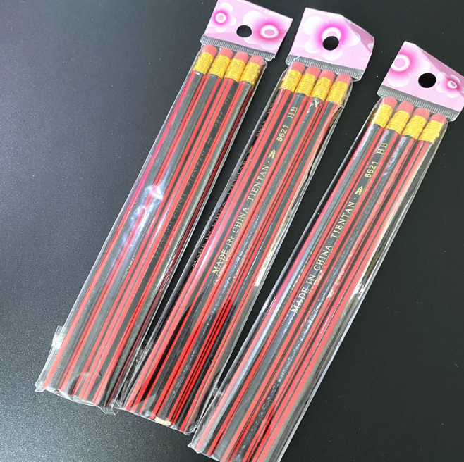 Sét 4 cây bút chì sọc dọc màu đỏ và đen bằng gỗ, văn phòng phẩm dành cho học sinh A1138