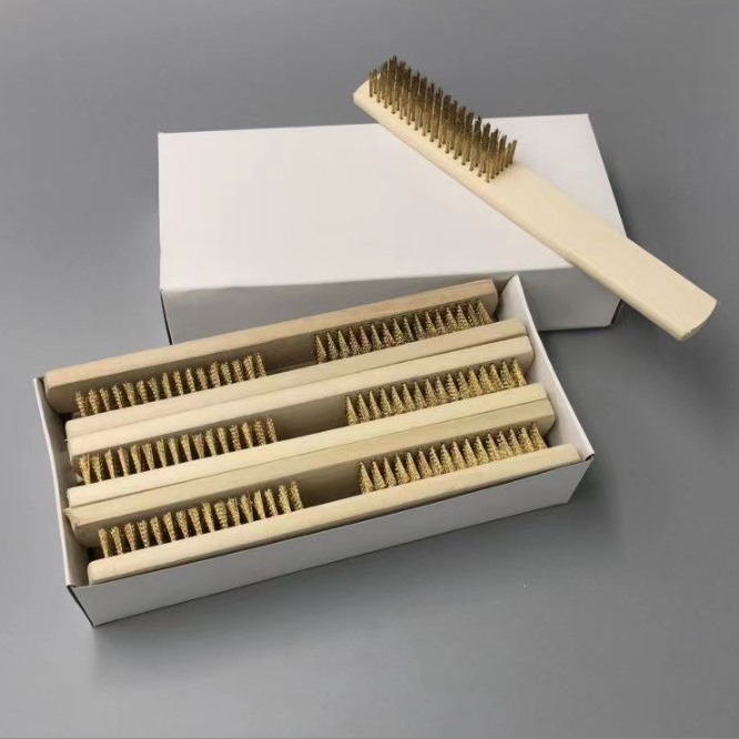 Dụng cụ tẩy gỉ cán gỗ đánh bóng làm sạch, bàn chải dây thép mạ đồng, bộ dụng cụ kim loại A4712