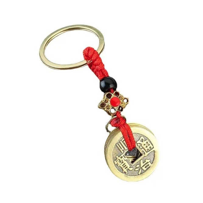 Móc khóa 5 đồng xu móc khóa Dây thừng thắt nút đỏ hình ngũ hoàng đế A4832