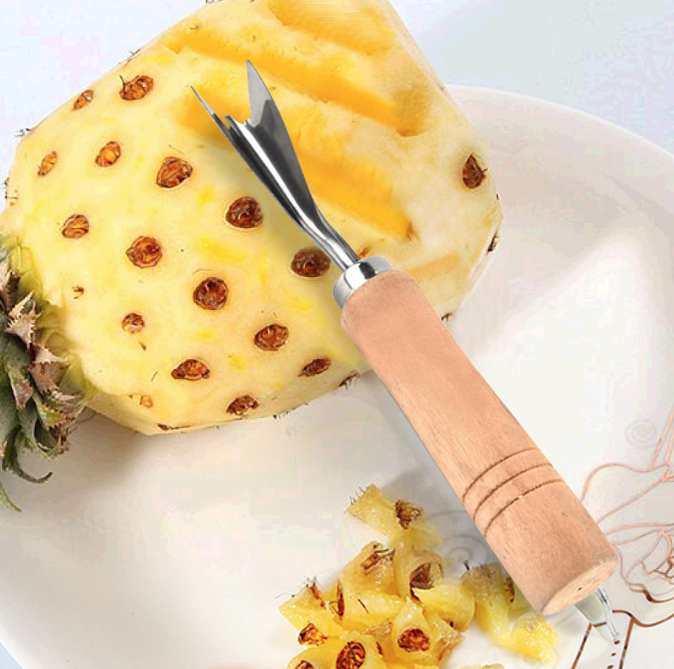 Dụng cụ gọt vỏ dứa hình chữ V, dao gọt dứa bằng thép không gỉ có cán gỗ, dụng cụ gọt vỏ dứa dạng đứng A5211