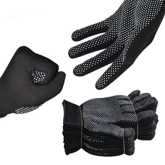 Găng tay lao động nam màu đen, chống bụi, thoáng khí, chống trượt, mỏng và bền, chấm cao su trắng L1923