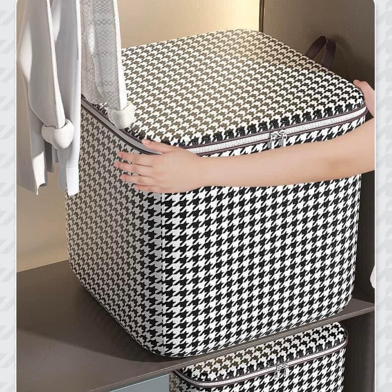 Túi Đựng Quần Áo Chăn Màn 100L Kẻ Caro Có Khóa Kéo Túi Vải Đựng Đồ Chống Thấm Nước Bụi Sắp Xếp Tủ Quần Áo A4153