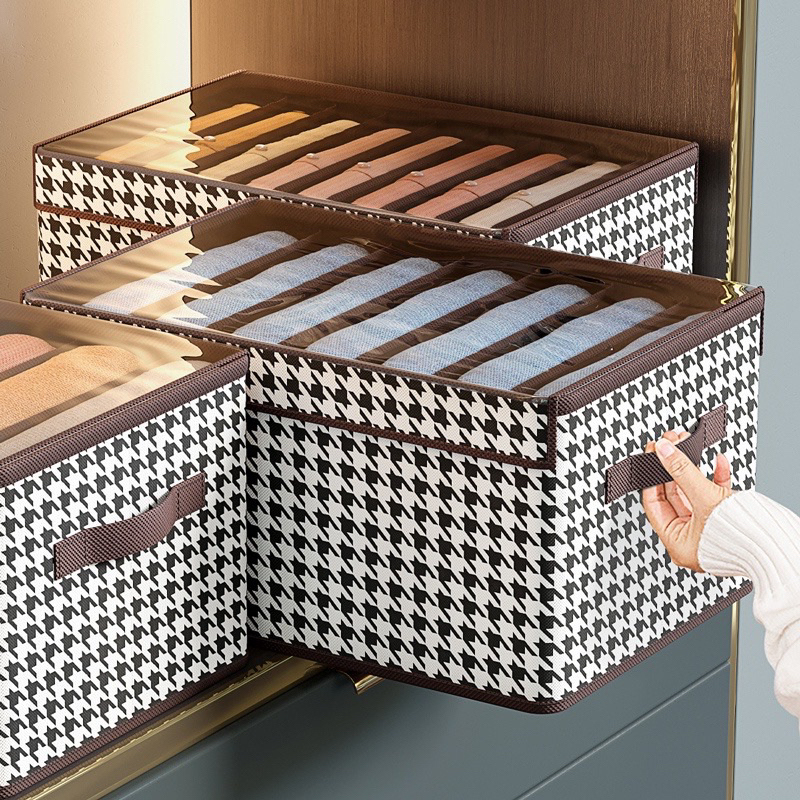 Hộp Đựng Quần Áo 9 Ngăn Sọc Caro Có Nắp Đậy Tiện Lợi  41x25x20CM A2571