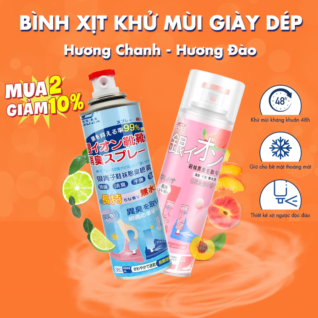 Bình Xịt Khử Mùi Giày 260ml Công Nghệ Bạc AG+, Chống Hôi Chân, Ngăn Mồ Hôi, Diệt Khuẩn, Hiệu Quả Đến 24h/ Hương Đào (Hồng)- A2732