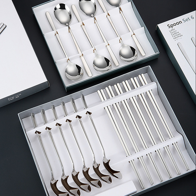 Hộp 12 thìa đũa chất liệu inox 304 không gỉ cao cấp, bộ 12 muỗng đũa Hàn Quốc inox A2461