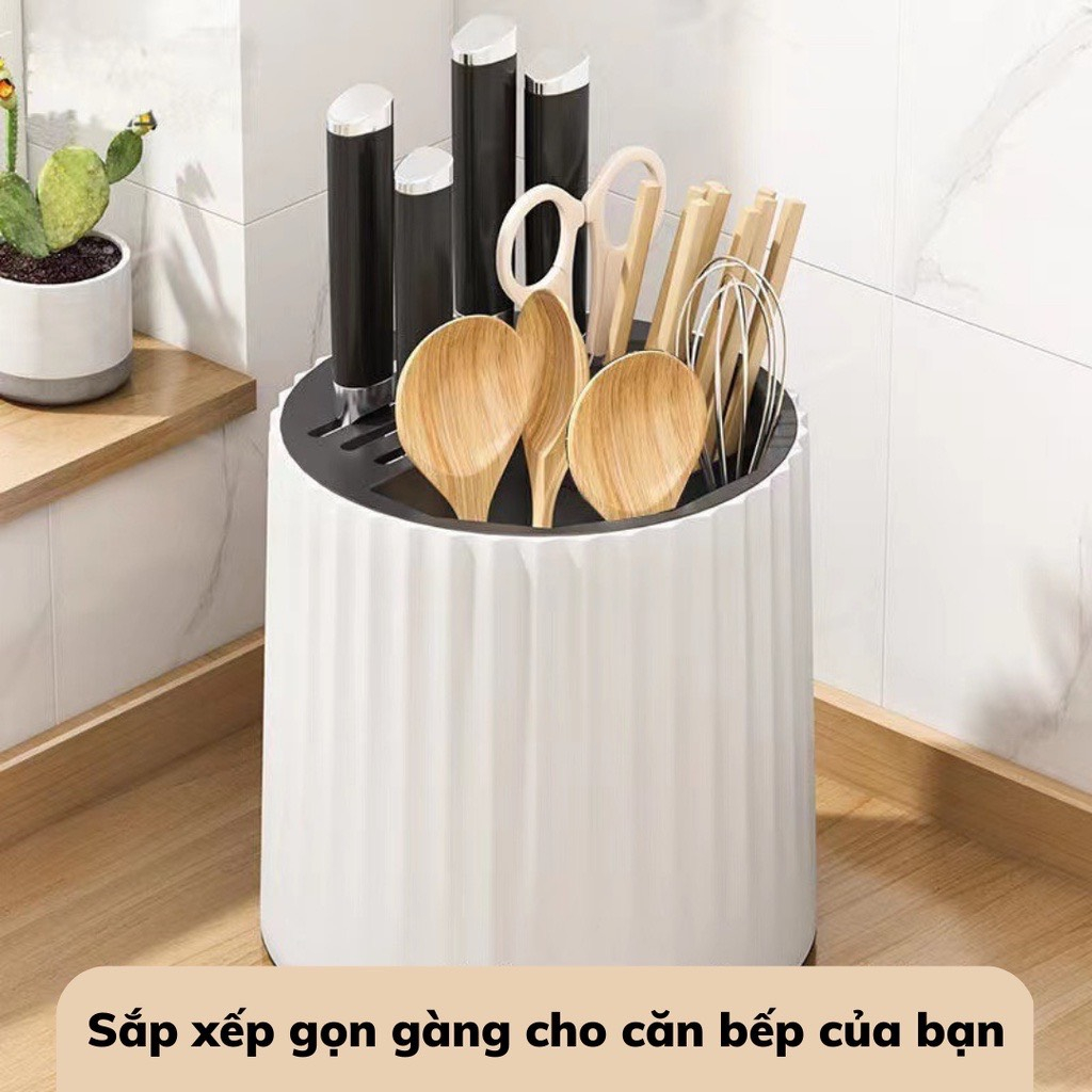 Giá Đựng Đũa Thìa Dao Kéo Hình Tròn Xoay 360 Độ Có Khay Hứng Nước A1471