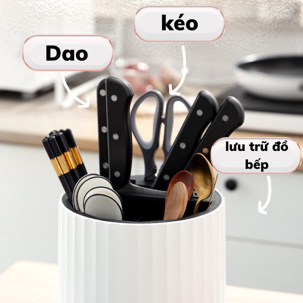 Giá Đựng Đũa Thìa Dao Kéo Hình Tròn Xoay 360 Độ Có Khay Hứng Nước A1471