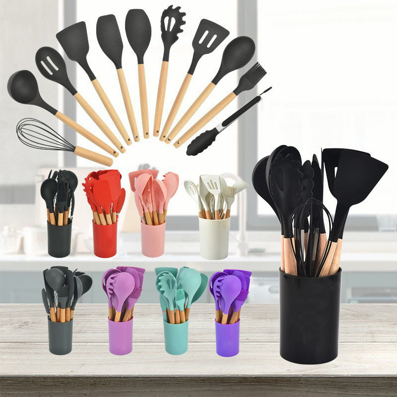 Bộ 12 Dụng Cụ Nấu Ăn Silicone 12 Món Cán Gỗ Kitchen Set Cao Cấp, Chịu Nhiệt, An Toàn, Chống Dính A5031