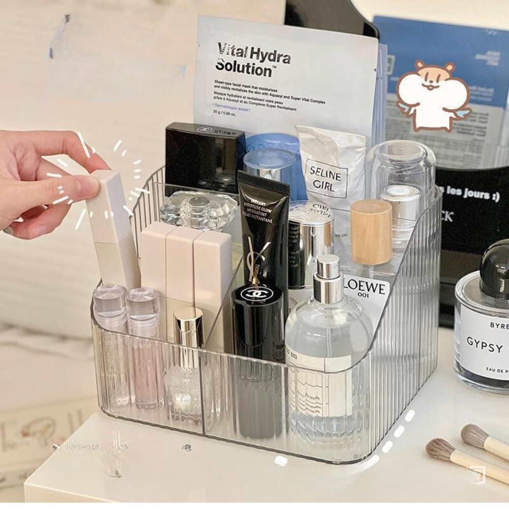 Khay Đựng Mỹ Phẩm 4 Ngăn Đựng Đồ Trang Điểm Để Bàn Trong Suốt Nhựa Mica Giỏ Trong Suốt Chia Ngăn Đựng Đồ Skincare A0542