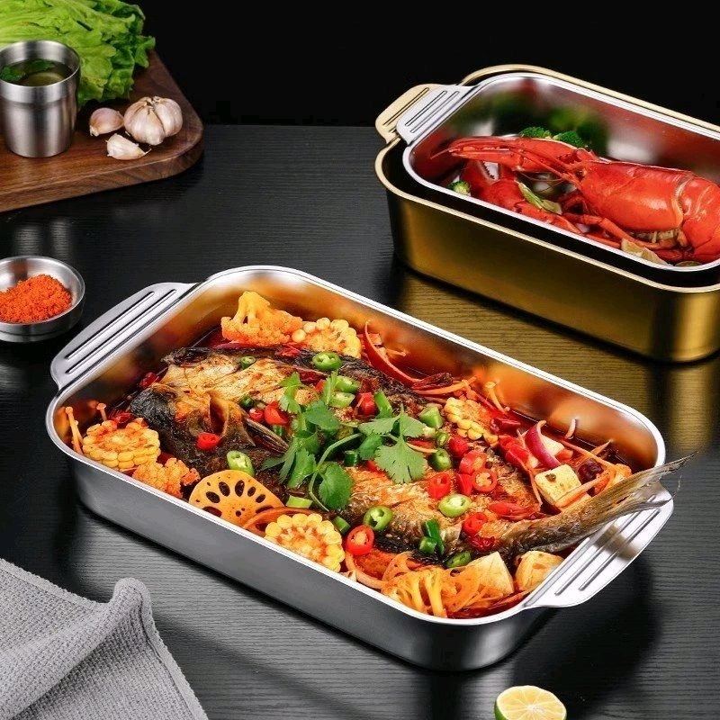 Khay Nướng Cá Om cá, Khay Nấu ăn inox 304 đa năng đựng thịt nướng, Lẩu nướng, khay đựng đồ ăn A2362