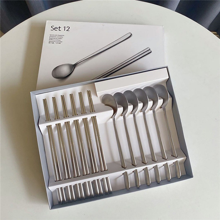 Hộp 12 thìa đũa chất liệu inox 304 không gỉ cao cấp, bộ 12 muỗng đũa Hàn Quốc inox A2461