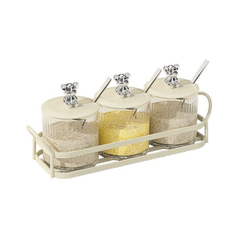 Khay 3 Hũ Đựng Gia Vị Nắp Gấu Kèm Thìa Trong Suốt ,Lọ Gia Vị Bằng Nhựa Cao Cấp A2361
