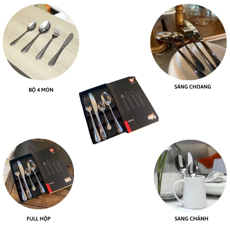 Hộp 4 Dao Muỗng Nĩa Thìa Inox Cao Cấp Sáng Bóng Cho Bàn Tiệc Gia Đình, Quán Ăn, Nhà Hàng A2842
