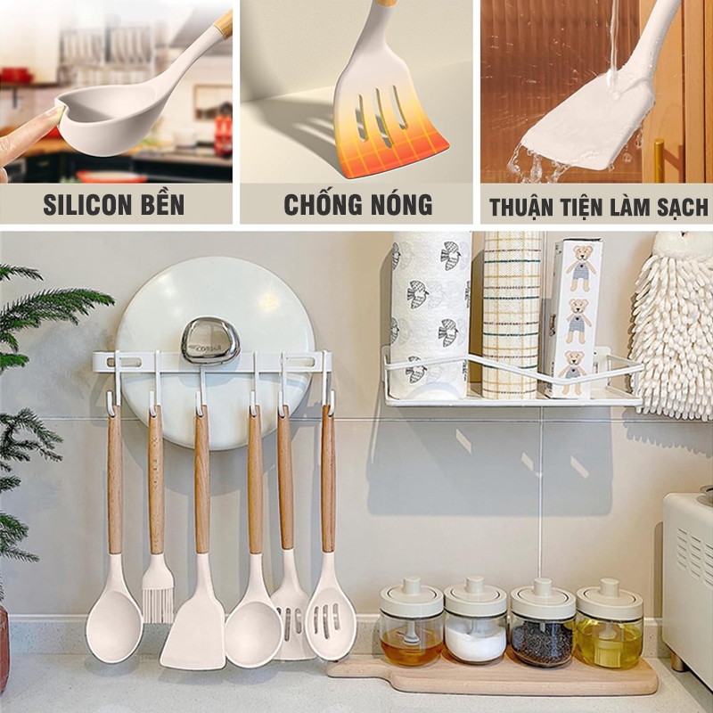 Bộ 12 Dụng Cụ Nấu Ăn Silicone 12 Món Cán Gỗ Kitchen Set Cao Cấp, Chịu Nhiệt, An Toàn, Chống Dính A5031