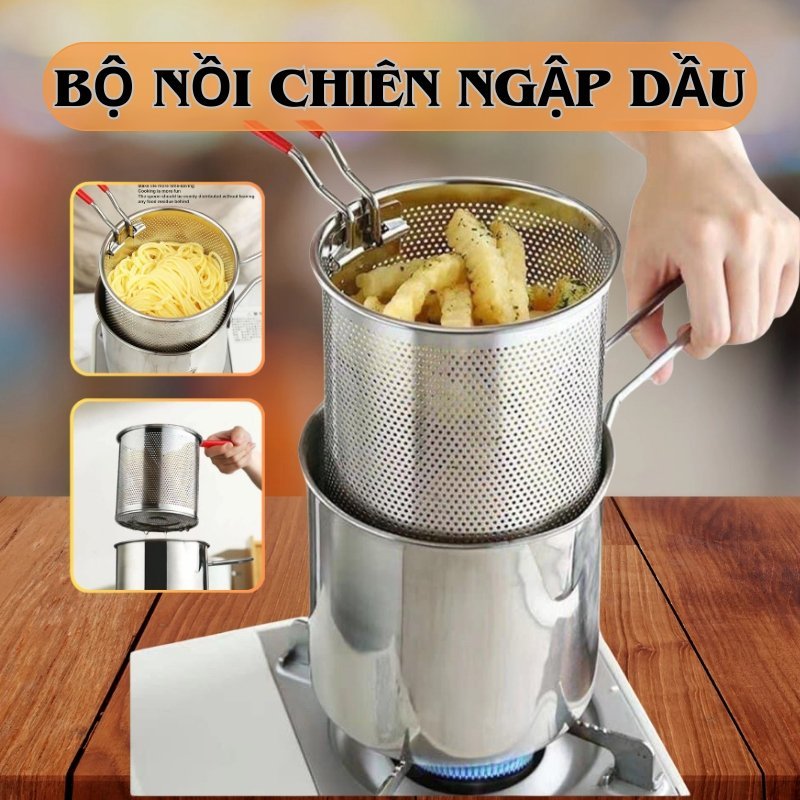Nồi Chiên Nhúng Ngập Dầu Inox 304 Có Giá Lọc Tiết Kiệm Dầu Đa Năng A2071