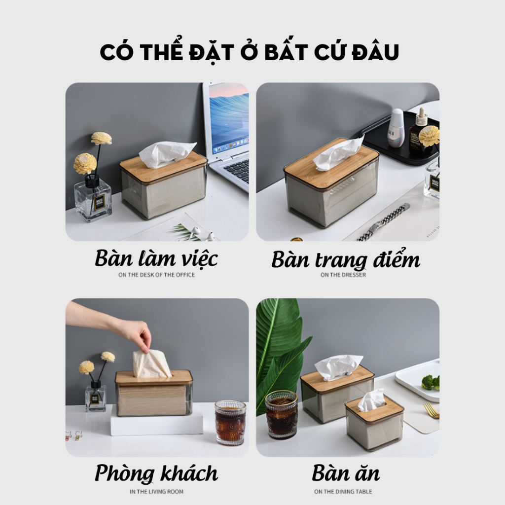Hộp Đựng Khăn Giấy Trong Suốt Nắp Gỗ Khay Đựng Giấy Ăn Sang Trọng A1562