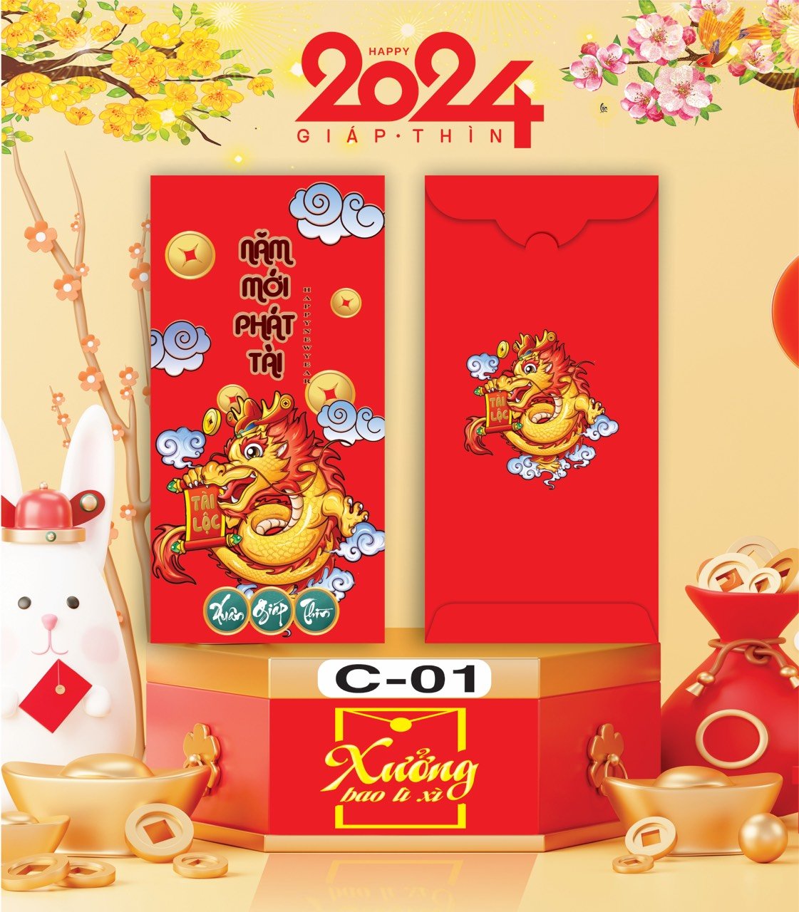 Bịch 10 Bao Lì Xì Tết Chúc Mừng Năm Mới Giáp Thìn 2024 A0331