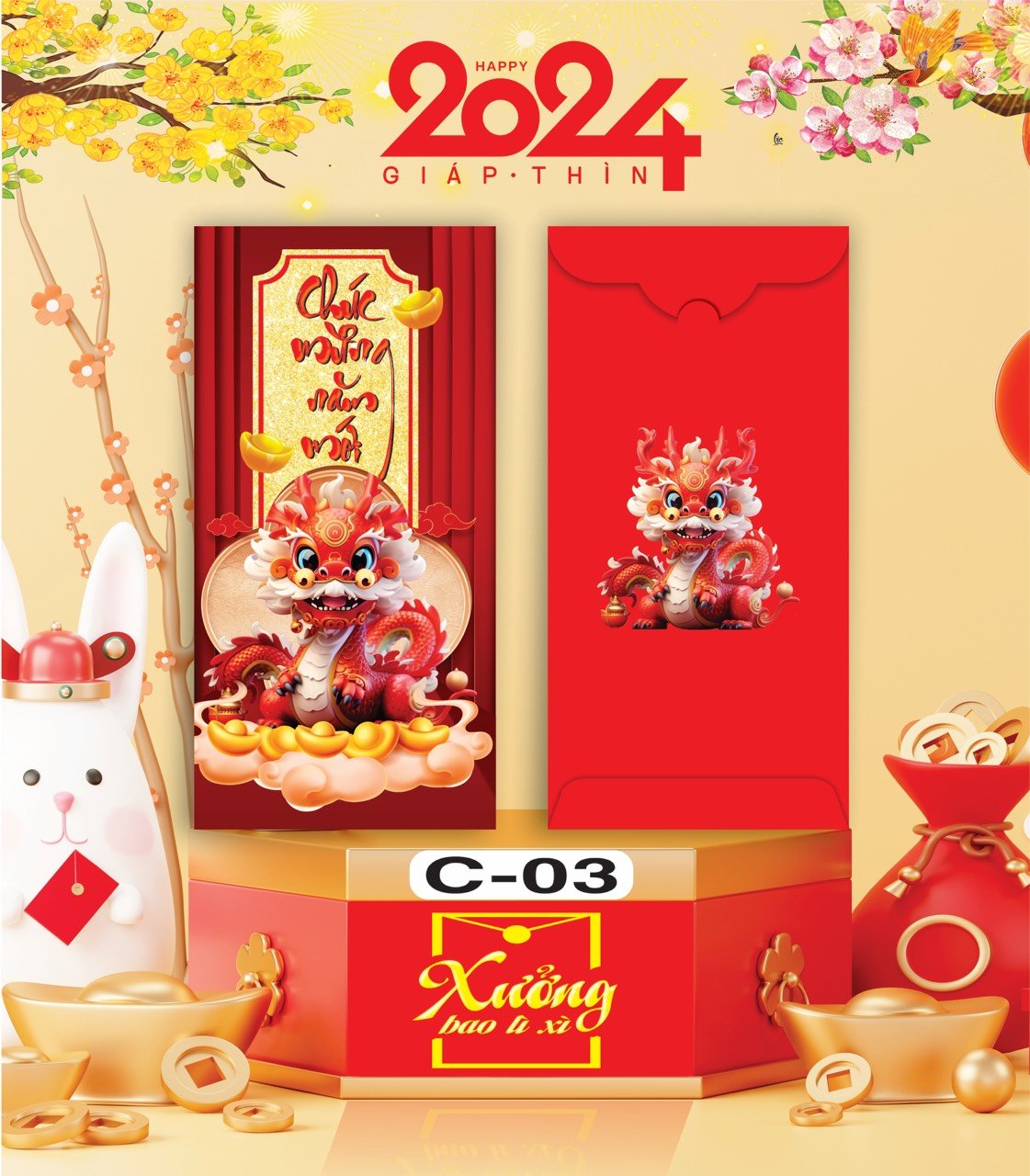 Bịch 10 Bao Lì Xì Tết Chúc Mừng Năm Mới Giáp Thìn 2024 A0331