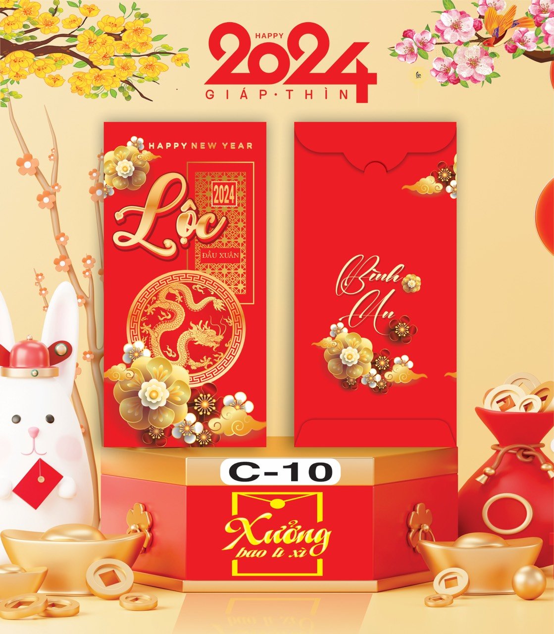 Bịch 10 Bao Lì Xì Tết Chúc Mừng Năm Mới Giáp Thìn 2024 A0331
