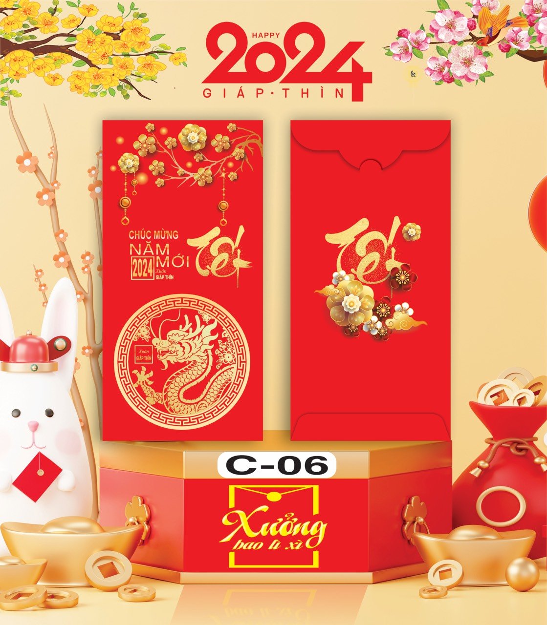 Bịch 10 Bao Lì Xì Tết Chúc Mừng Năm Mới Giáp Thìn 2024 A0331