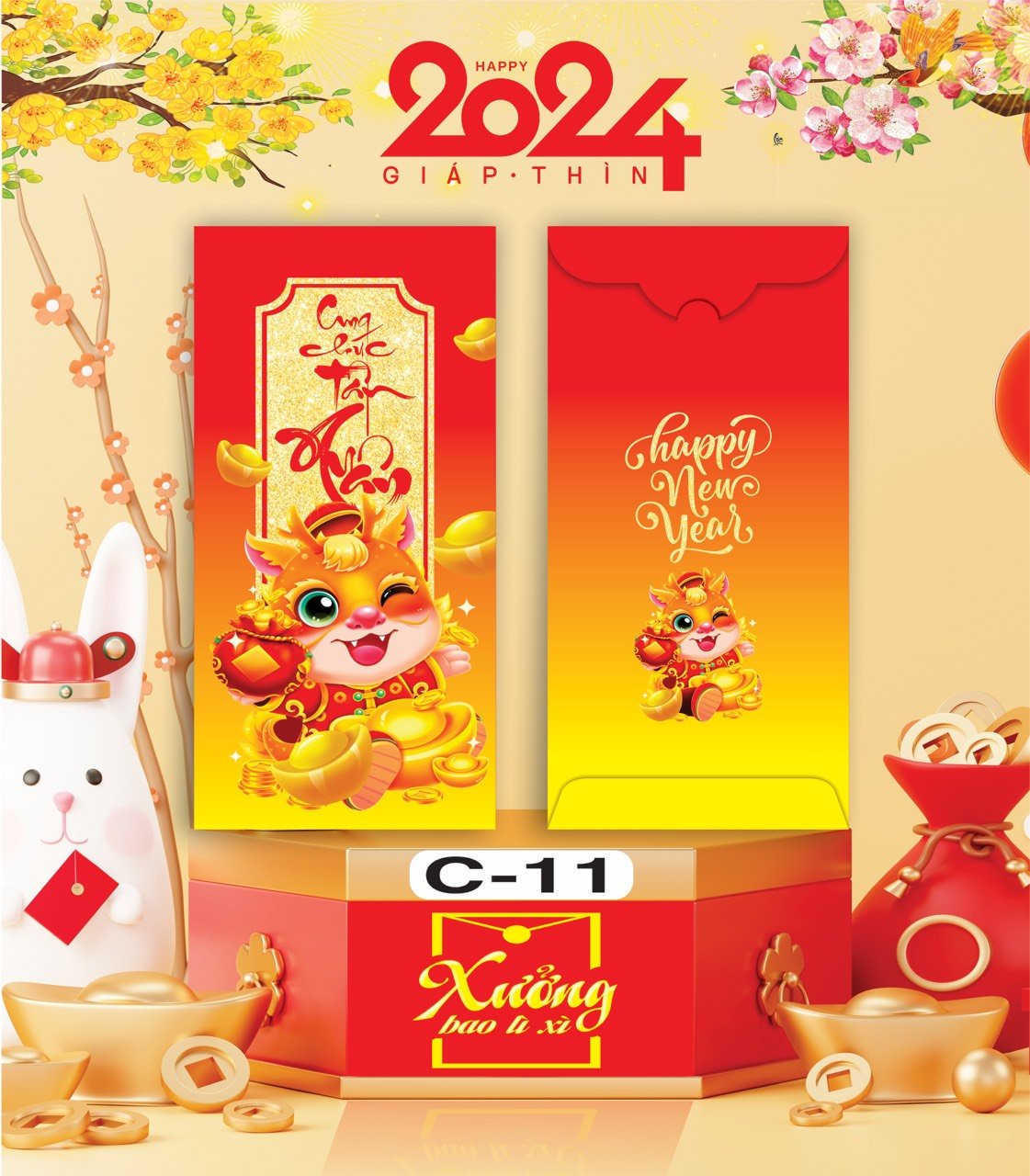Bịch 10 Bao Lì Xì Tết Chúc Mừng Năm Mới Giáp Thìn 2024 A0331
