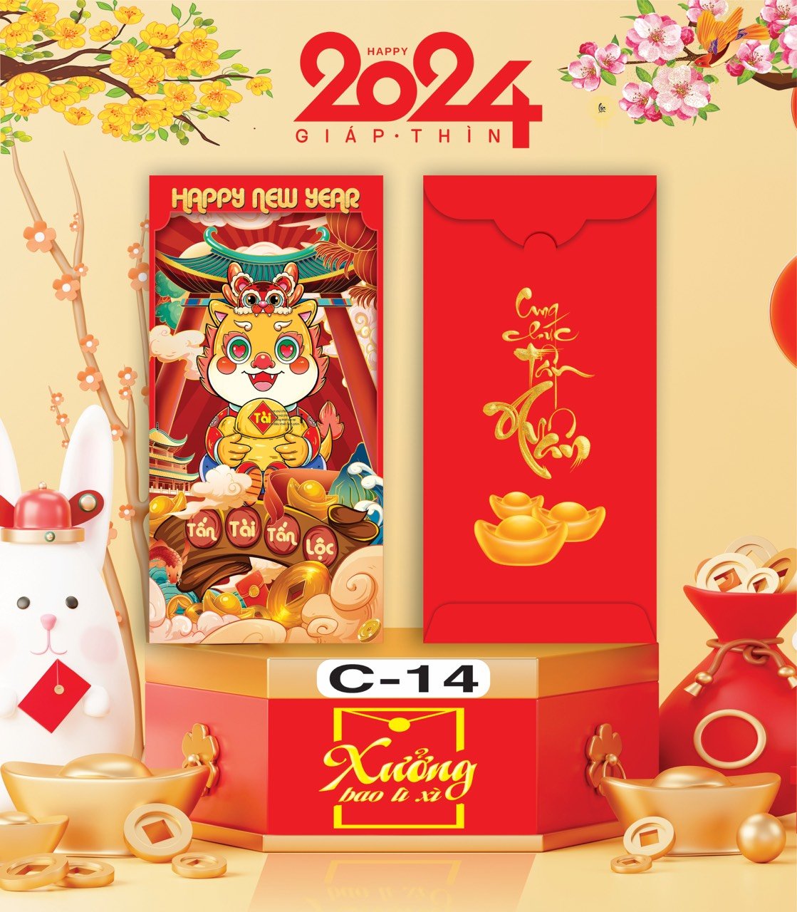 Bịch 10 Bao Lì Xì Tết Chúc Mừng Năm Mới Giáp Thìn 2024 A0331