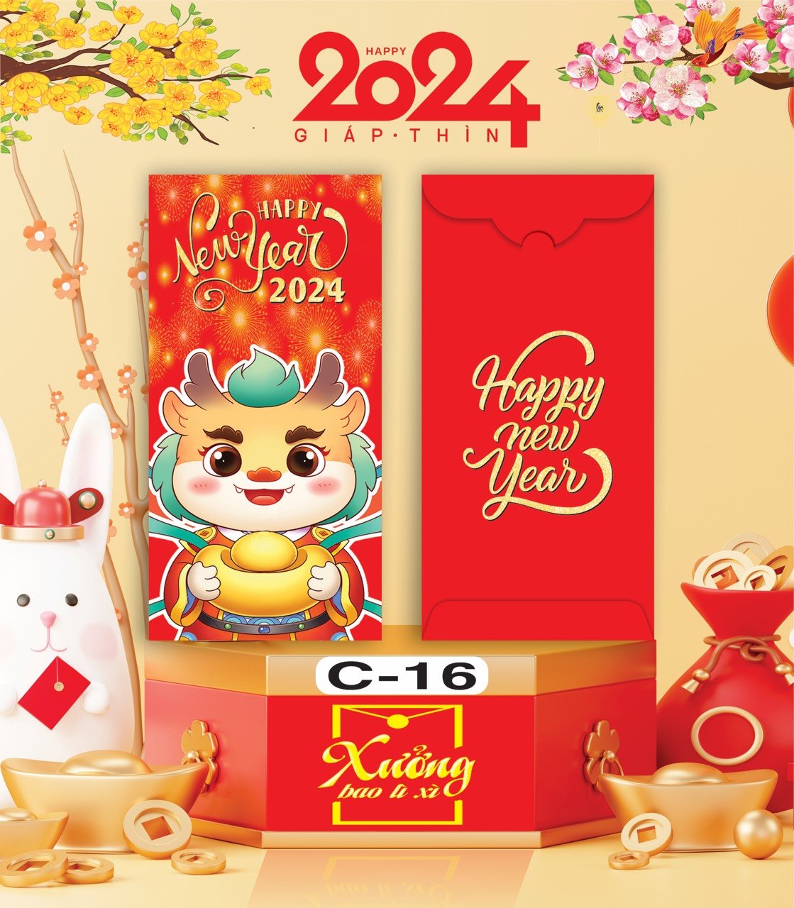 Bịch 10 Bao Lì Xì Tết Chúc Mừng Năm Mới Giáp Thìn 2024 A0331
