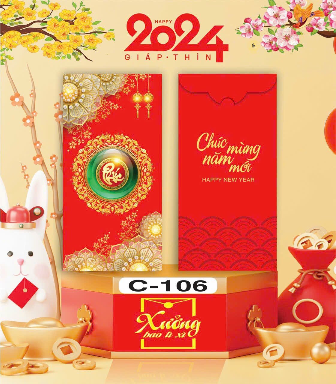 Bịch 10 Bao Lì Xì Tết Chúc Mừng Năm Mới Giáp Thìn 2024 A0331