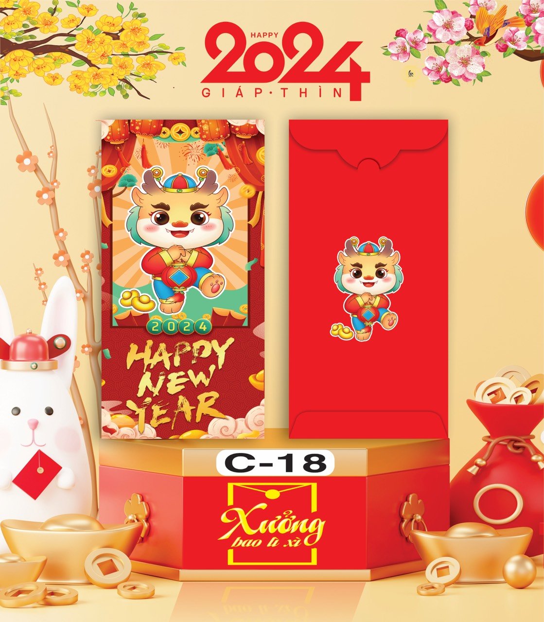 Bịch 10 Bao Lì Xì Tết Chúc Mừng Năm Mới Giáp Thìn 2024 A0331