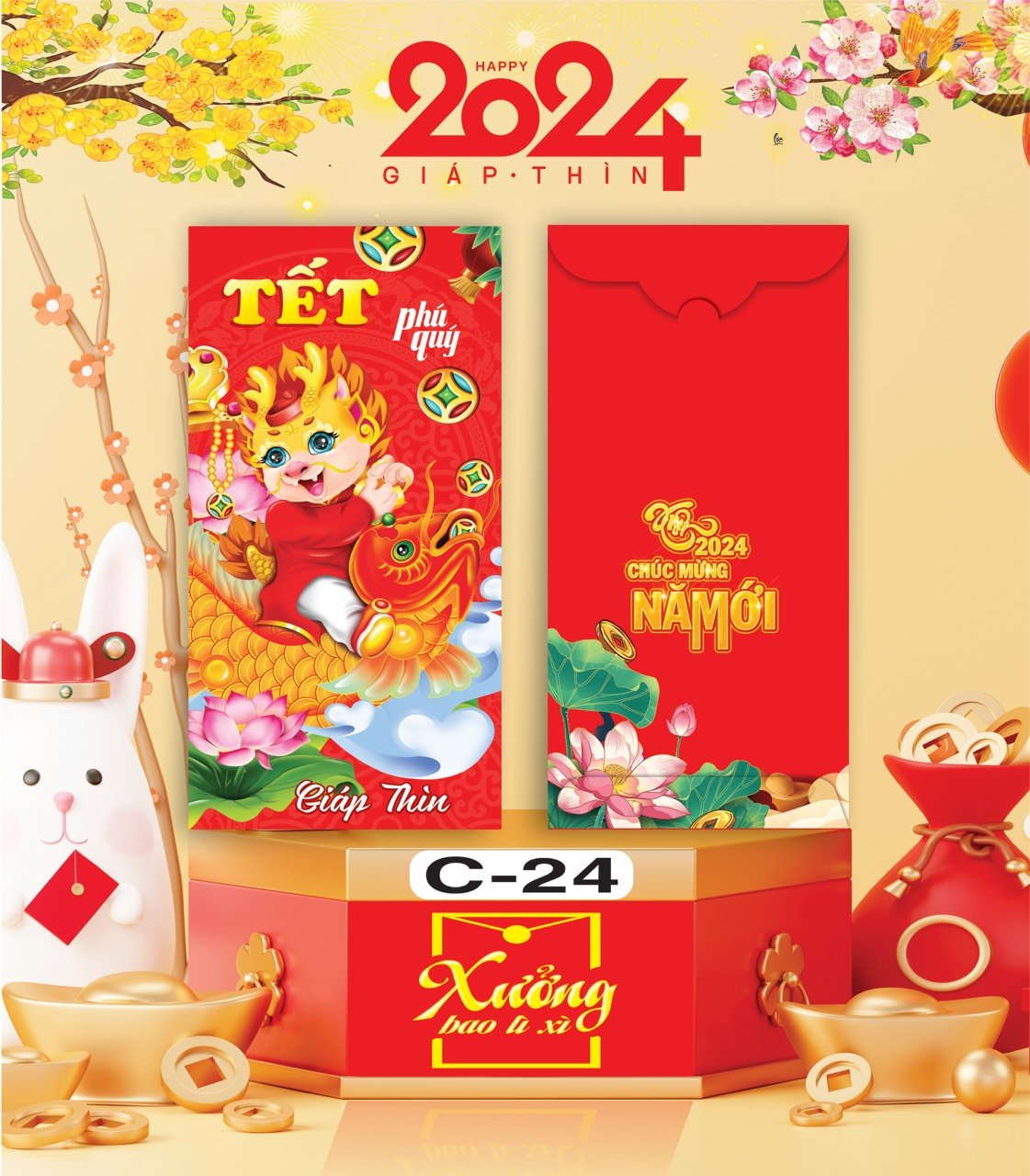 Bịch 10 Bao Lì Xì Tết Chúc Mừng Năm Mới Giáp Thìn 2024 A0331