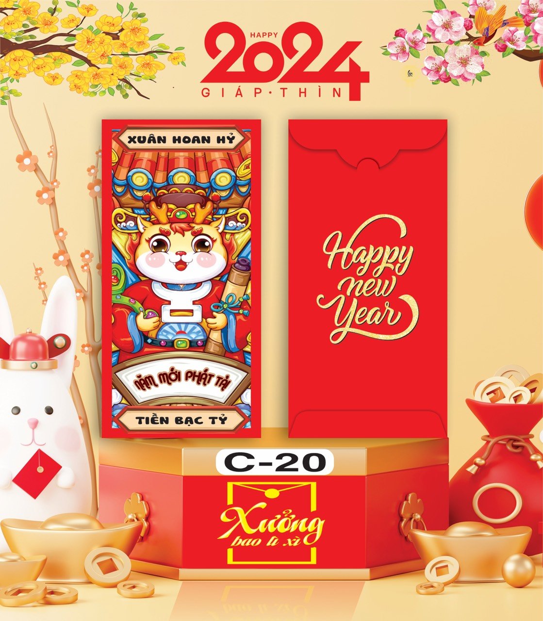 Bịch 10 Bao Lì Xì Tết Chúc Mừng Năm Mới Giáp Thìn 2024 A0331
