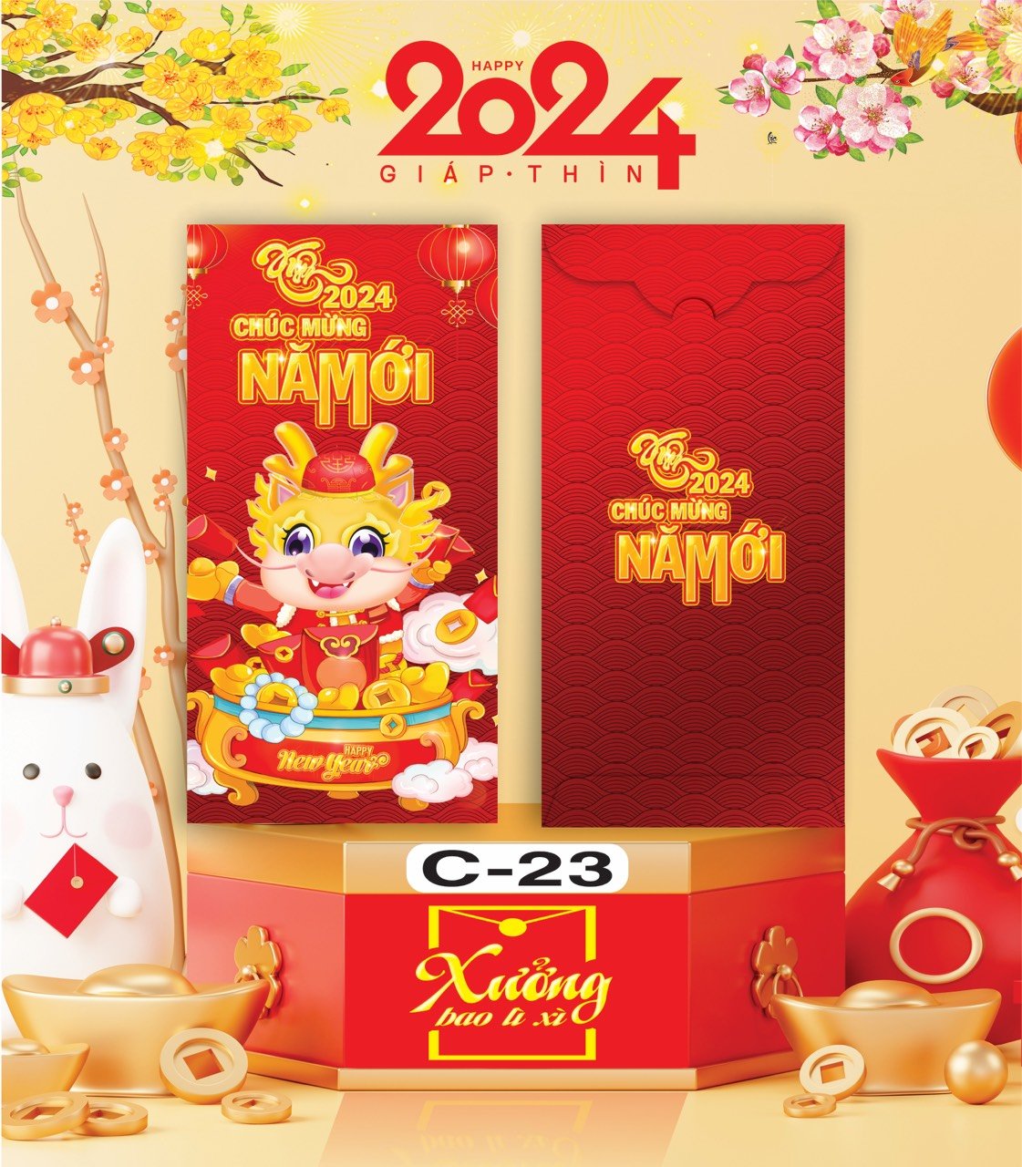 Bịch 10 Bao Lì Xì Tết Chúc Mừng Năm Mới Giáp Thìn 2024 A0331