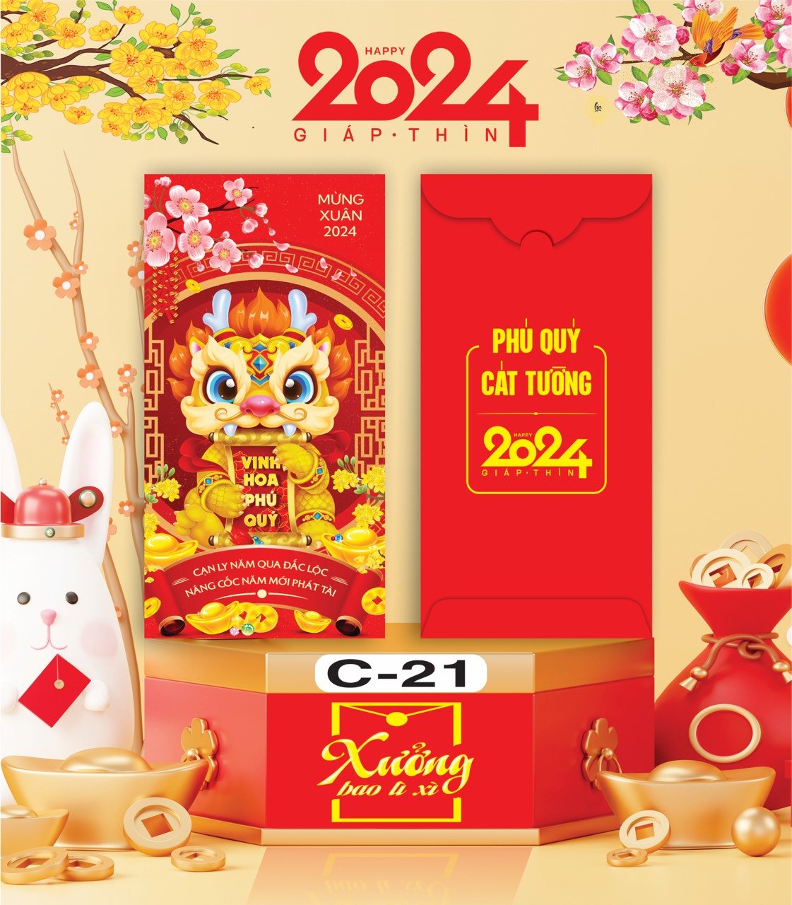 Bịch 10 Bao Lì Xì Tết Chúc Mừng Năm Mới Giáp Thìn 2024 A0331