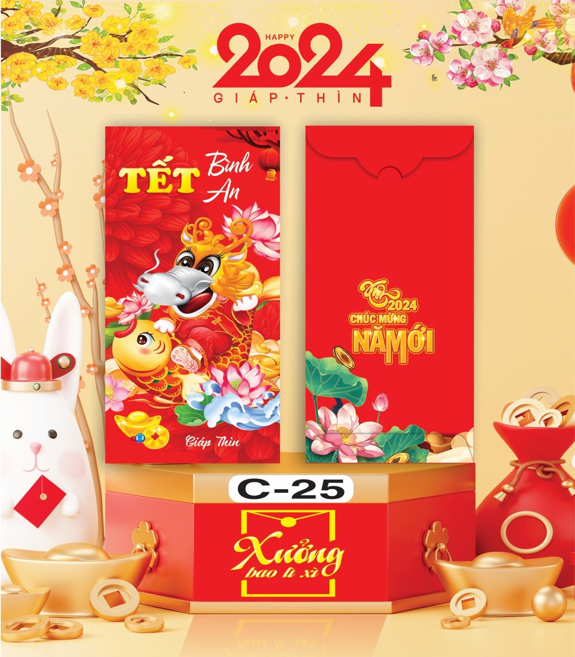 Bịch 10 Bao Lì Xì Tết Chúc Mừng Năm Mới Giáp Thìn 2024 A0331