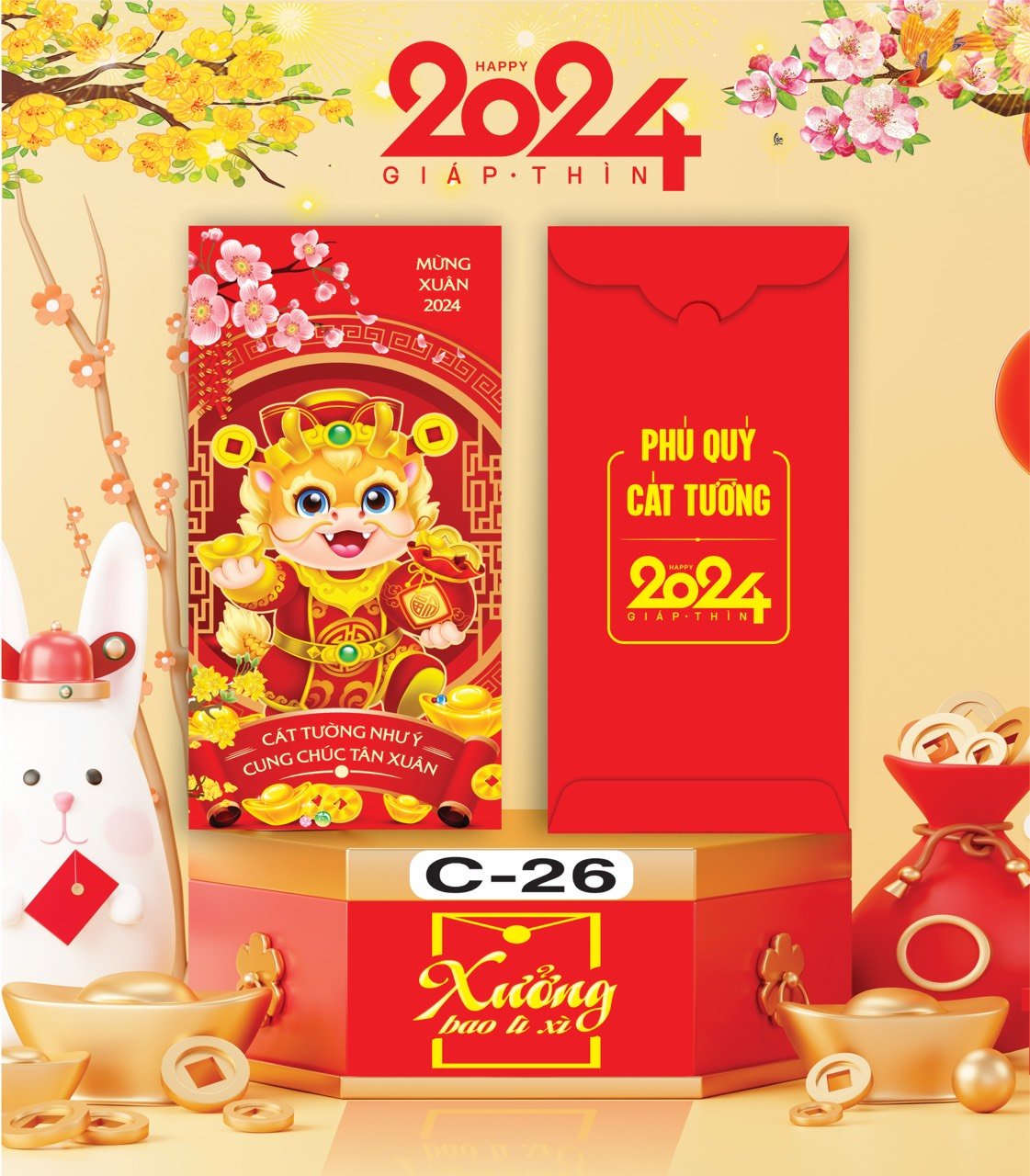 Bịch 10 Bao Lì Xì Tết Chúc Mừng Năm Mới Giáp Thìn 2024 A0331