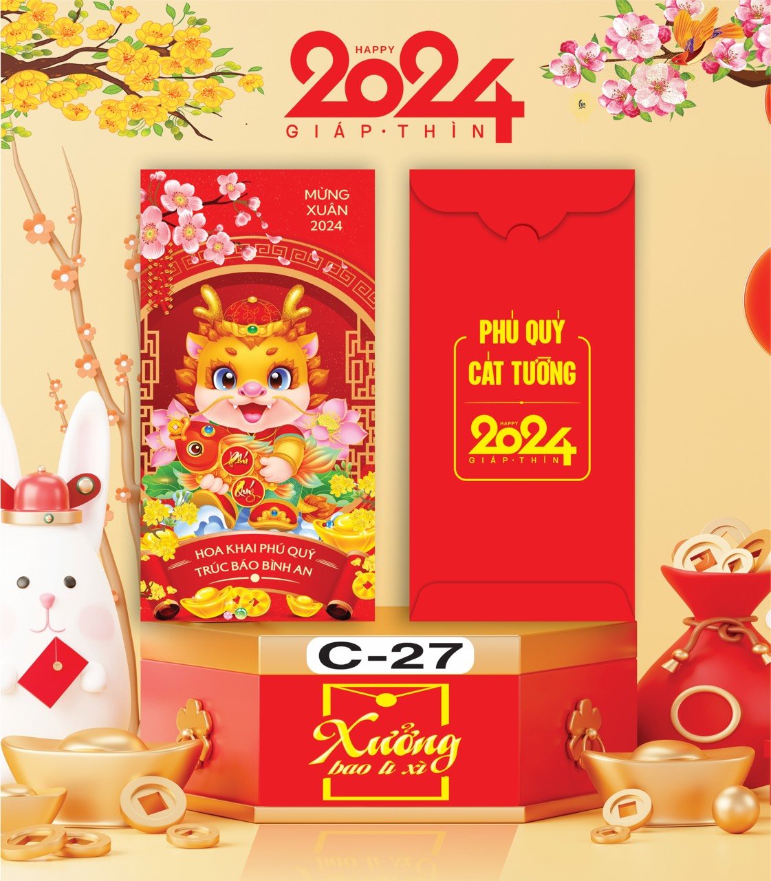 Bịch 10 Bao Lì Xì Tết Chúc Mừng Năm Mới Giáp Thìn 2024 A0331