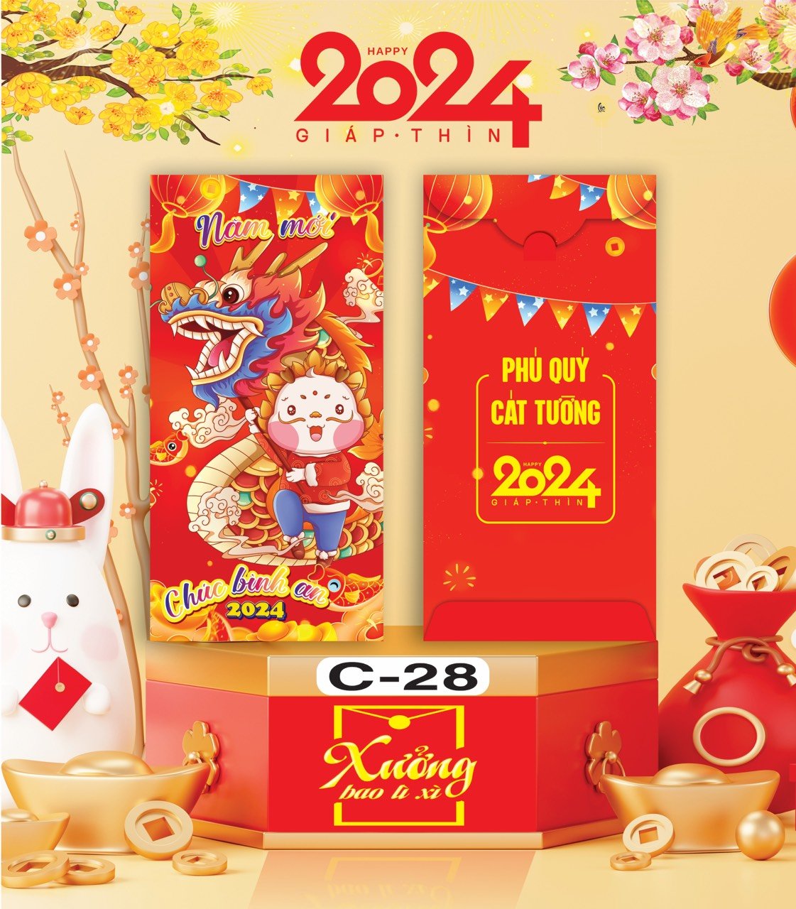 Bịch 10 Bao Lì Xì Tết Chúc Mừng Năm Mới Giáp Thìn 2024 A0331