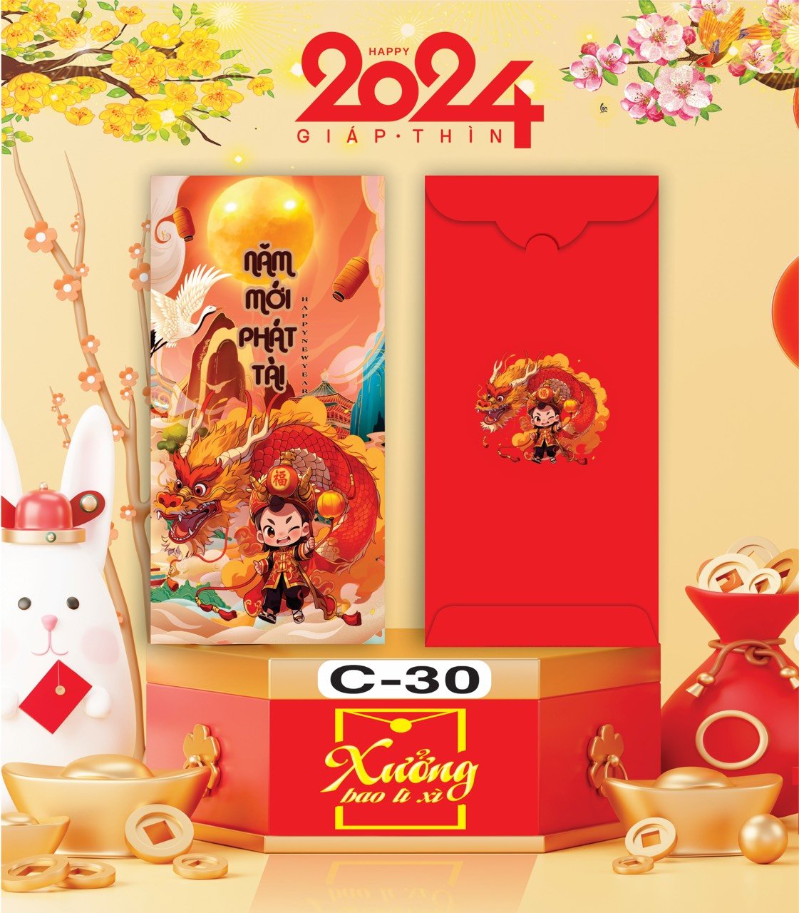 Bịch 10 Bao Lì Xì Tết Chúc Mừng Năm Mới Giáp Thìn 2024 A0331