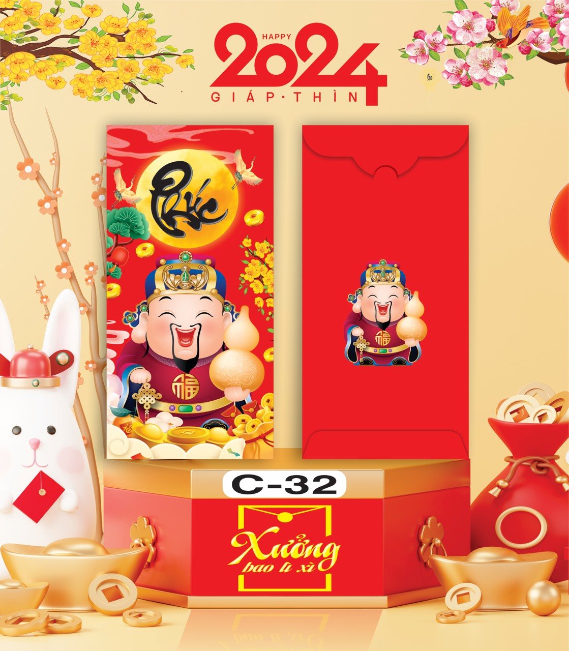 Bịch 10 Bao Lì Xì Tết Chúc Mừng Năm Mới Giáp Thìn 2024 A0331