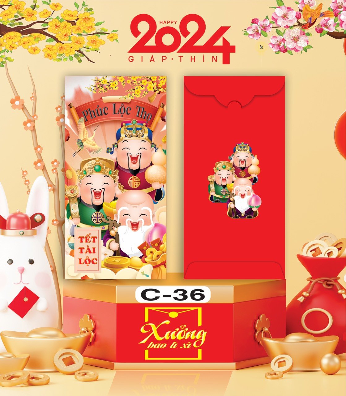 Bịch 10 Bao Lì Xì Tết Chúc Mừng Năm Mới Giáp Thìn 2024 A0331