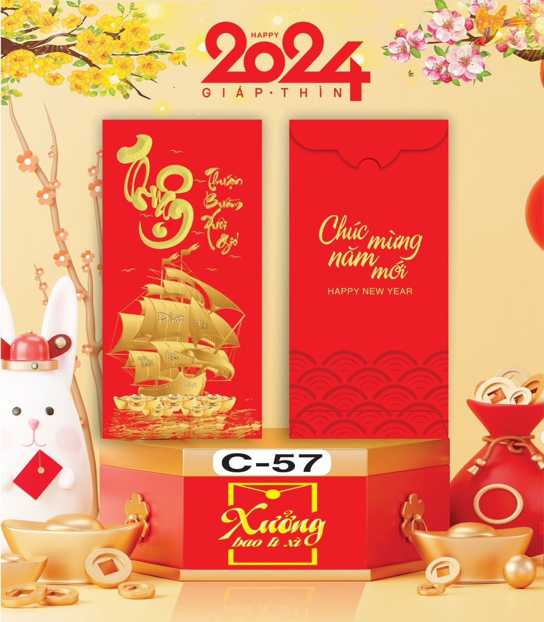 Bịch 10 Bao Lì Xì Tết Chúc Mừng Năm Mới Giáp Thìn 2024 A0331