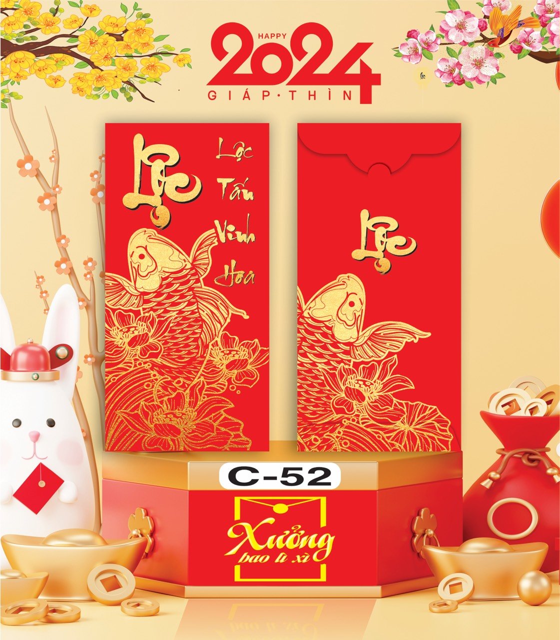 Bịch 10 Bao Lì Xì Tết Chúc Mừng Năm Mới Giáp Thìn 2024 A0331