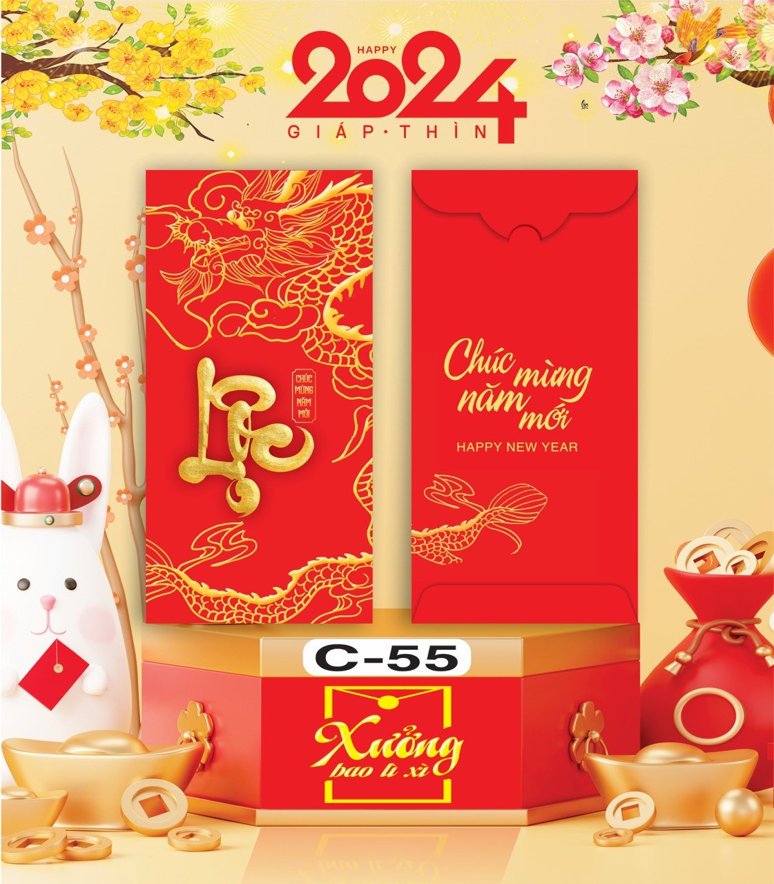 Bịch 10 Bao Lì Xì Tết Chúc Mừng Năm Mới Giáp Thìn 2024 A0331