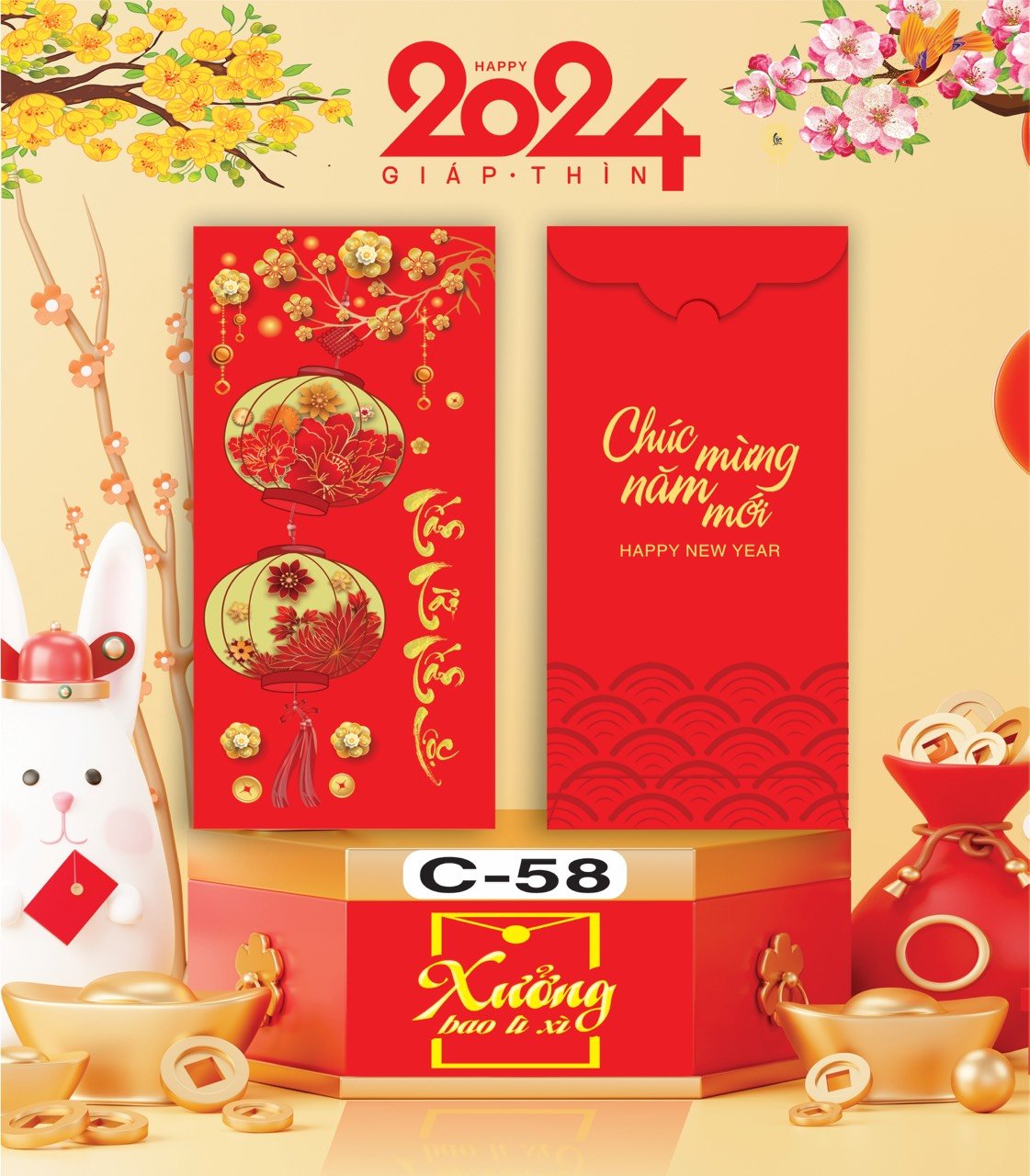 Bịch 10 Bao Lì Xì Tết Chúc Mừng Năm Mới Giáp Thìn 2024 A0331