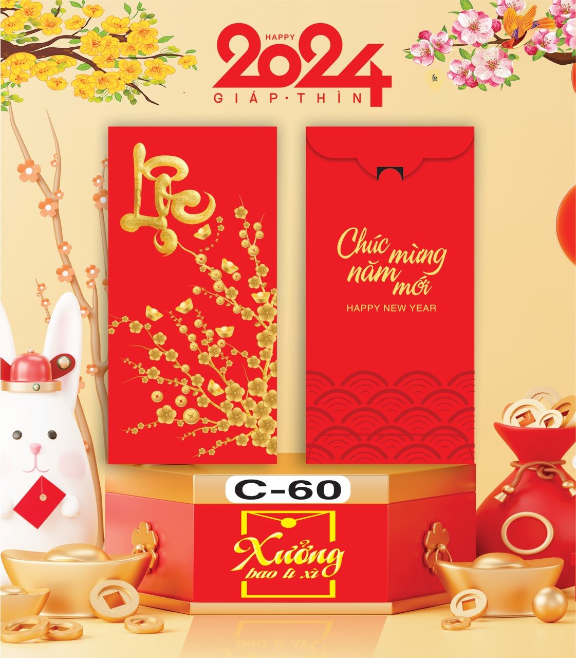 Bịch 10 Bao Lì Xì Tết Chúc Mừng Năm Mới Giáp Thìn 2024 A0331
