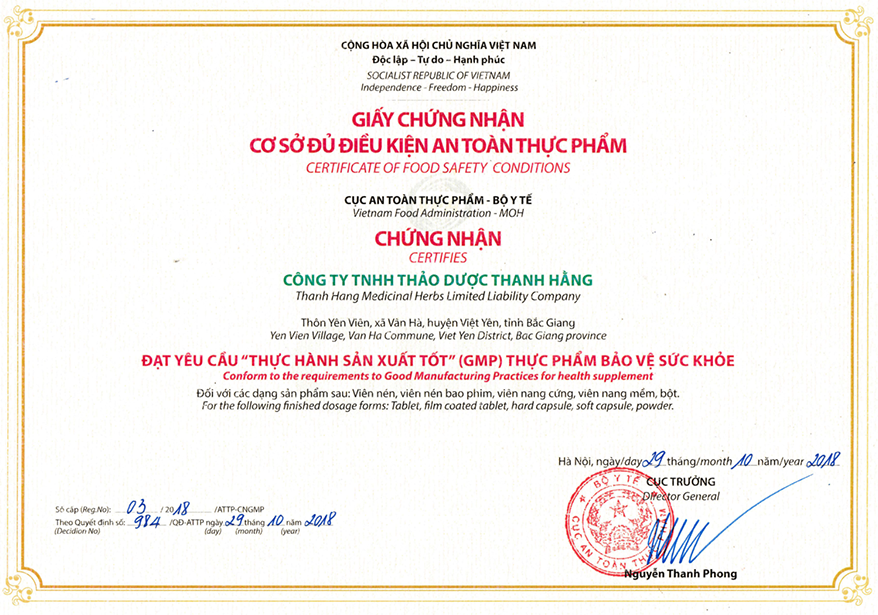 Giấy chứng nhận đủ điều kiện an toàn thực phẩm