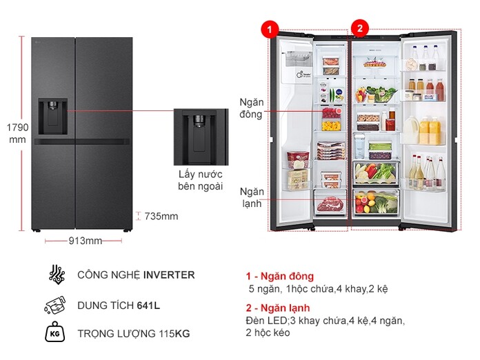[2024] Tủ lạnh LG Side By Side 2 cánh Inverter 641 lít LSI63BLMA